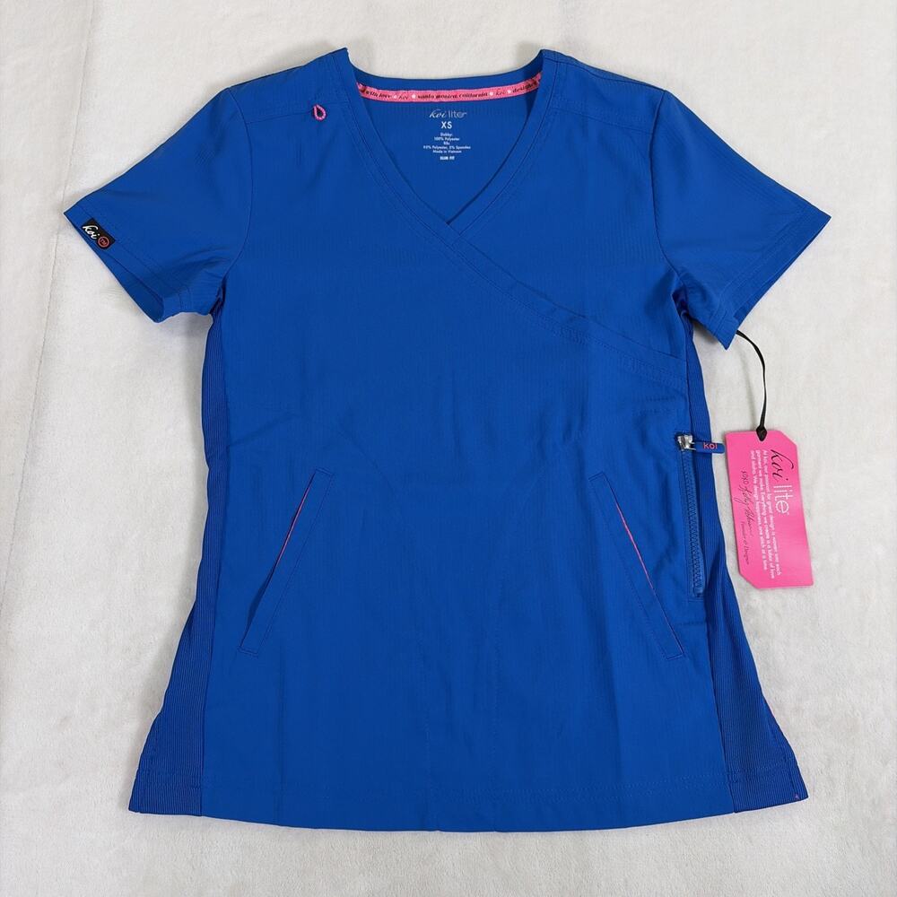 NWT Koi Lite Scrub Top Womens Slim Fit XS Blue Scrub Top Medical Nurse Charity